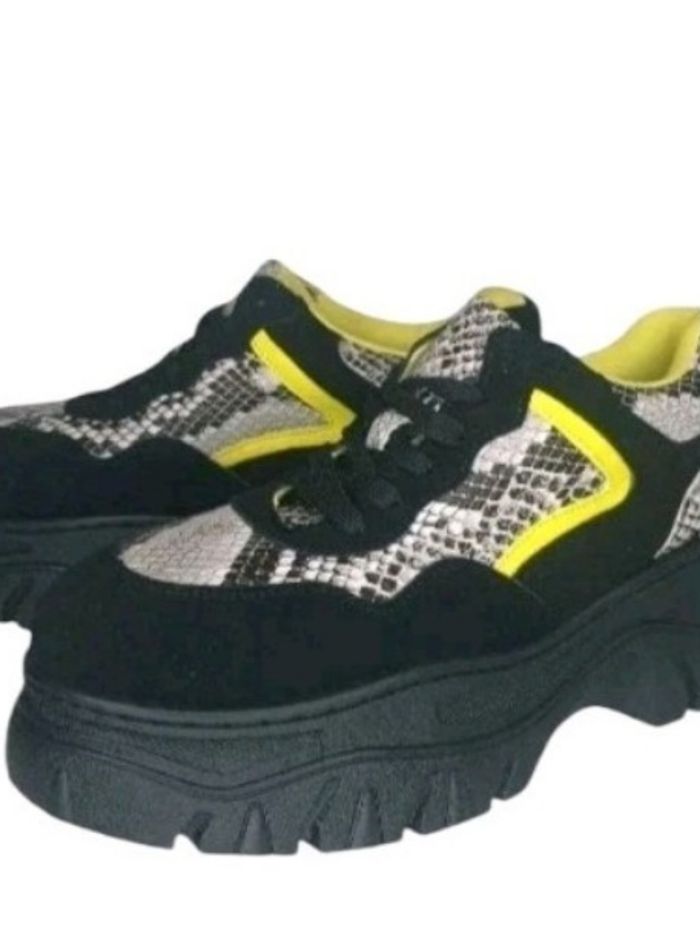 Women's Black & Yellow Chunky Sneaker with Snakeskin Accent